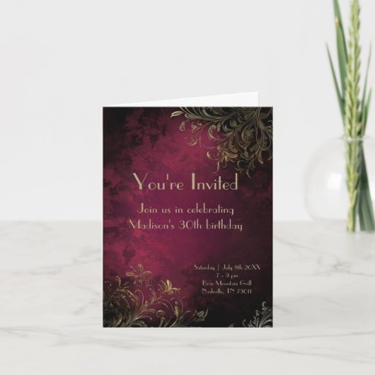 Elegantes Burgund & Imitats Gold Einladung (Vorderseite)