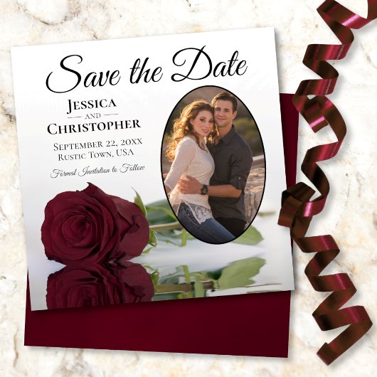 Elegantes Burgund Maroon Rose & Oval Foto Hochzeit Save The Date