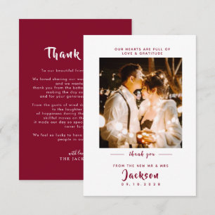 Elegantes Burgund mit Foto Wedding Dankeskarte