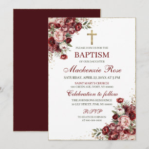 Elegantes Burgund, Rosa und Gold Florales Tauf-Des Einladung