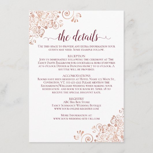 Elegantes Burgund & Rose - Details zum Hochzeitsfe Begleitkarte (Vorderseite)