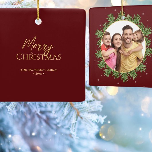 Elegantes Burgund Rotes Weihnachtsfest Botanisches Keramikornament