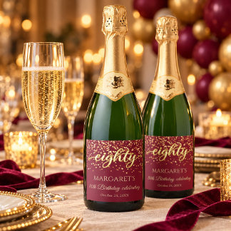 Elegantes Burgund und Gold 80. Geburtstag Schaumweinetikett