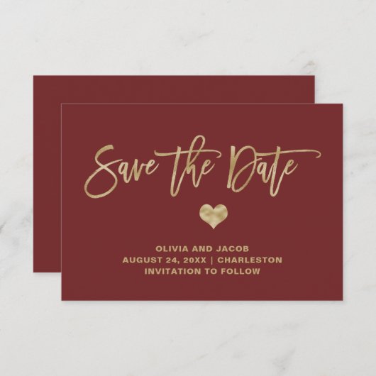 Elegantes Burgund und Gold mit Herz Save The Date (Vorne/Hinten)