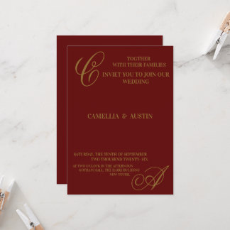 Elegantes Burgund und Goldfolien-Monogramm  Einladung