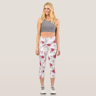 Elegantes Burgund- und Lavendelblüten-Rosenmuster Capri Leggings