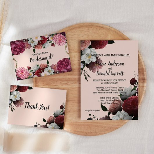 Elegantes Burgund und rosa Blume Einladung
