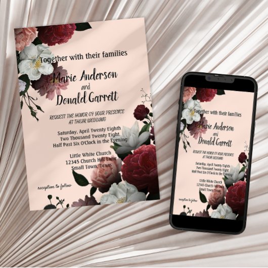 Elegantes Burgund und rosa Blume Einladung