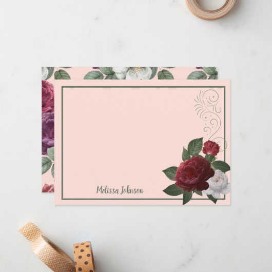 Elegantes Burgund und rosa, florale Personalisiert Mitteilungskarte (Vorderseite/Rückseite Beispiel)