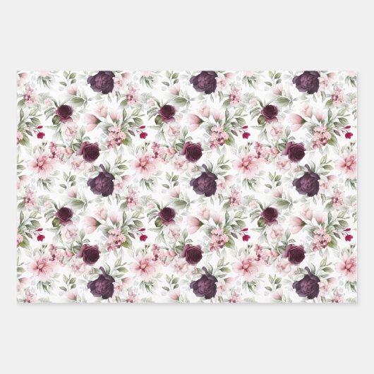Elegantes Burgund und rosa Wasserfarbe Botanisch Geschenkpapier Set (Vorderseite 2)