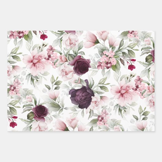 Elegantes Burgund und rosa Wasserfarbe Botanisch Geschenkpapier Set (Vorderseite)