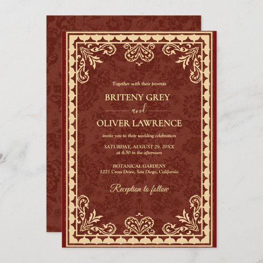 Elegantes Burgund und Verziertes Hochzeitspazierwe Einladung (Vorne/Hinten)