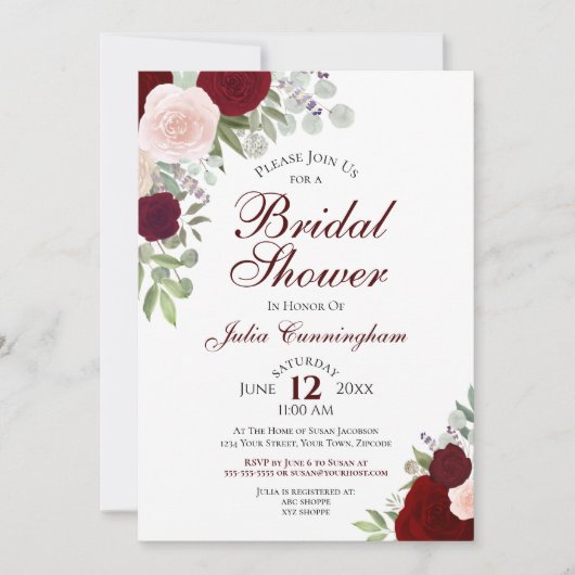 Elegantes Burgund Wasserfarbenes Brautparty Einladung (Vorderseite)