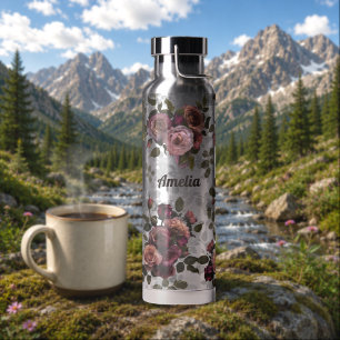 Elegantes Burgund-Weinrotes Dunkles Rosa Florales Trinkflasche