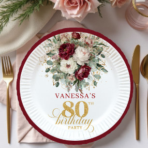 Elegantes Burgunder Blumen Gold 80. Geburtstag Pap Pappteller