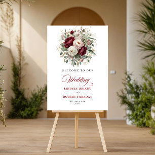 Elegantes Burgunder Blumen Gold Willkommensposter Poster