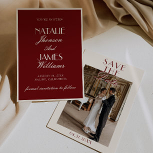 Elegantes Burgunder Creme Hochzeitsfoto im Stil al Save The Date