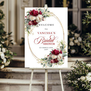 Elegantes Burgunder Florales Gold Hochzeits- Begrü Poster