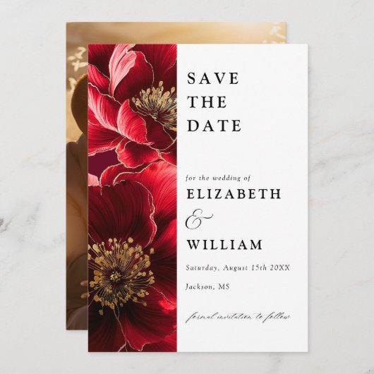 Elegantes Burgunder Foto Hochzeit in Rot und Gold Save The Date (Vorne/Hinten)