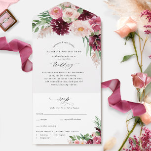 Elegantes Burgunder Rosa Hauch Florales Boho Hochz All In One Einladung