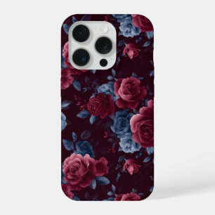 Elegantes Burgunder-Rosen-Marineblau-Blumenmuster iPhone 15 Pro Hülle