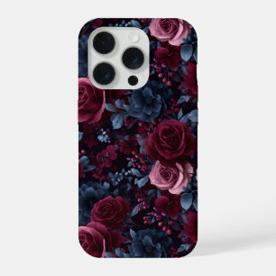 Elegantes Burgunder-Rosen-Navy-Blumenmuster iPhone 15 Pro Hülle