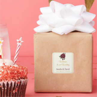 Elegantes Burgunder-Rosen-Willkommens-Tüten-Etiket Quadratischer Aufkleber