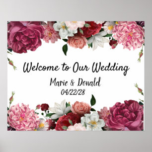 Elegantes Burgunder- und rosa Blumen-Hochzeitsschi Poster