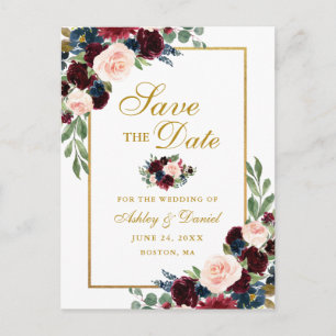 Elegantes Burgunderblau Florales Gold Save the Dat Ankündigungspostkarte