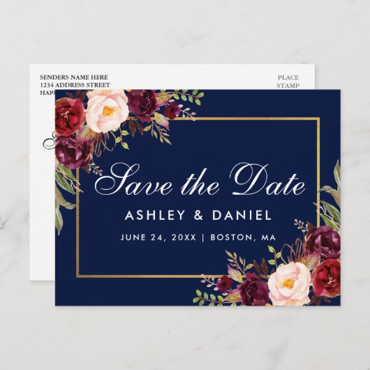 Elegantes Burgunderblumengoldblau Save the Date Ankündigungspostkarte (Vorne/Hinten)