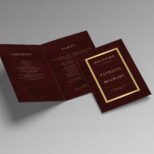 Elegantes burgundergold Hochzeitsfaltungsprogramm Programm