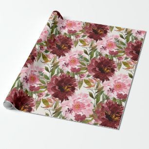 Elegantes burgunderrosa Wasserfarben-Blumen-Botani Geschenkpapier