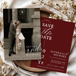 Elegantes Burgunderrot Einfache Moderne Foto-Hochz Save The Date