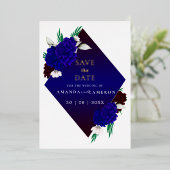 Elegantes Burgunderrot Navyblau "MARIGOLD" Hochzei Folieneinladung (Stehend vorne)