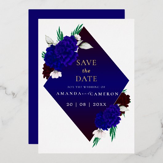 Elegantes Burgunderrot Navyblau "MARIGOLD" Hochzei Folieneinladung (Vorderseite/Rückseite)