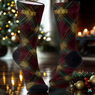 Elegantes Burgunderrot und Gold Weihnachts-Karo Cu Socken