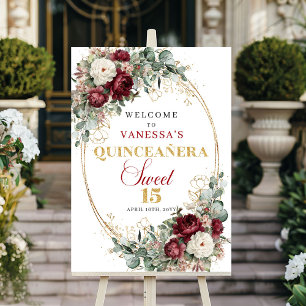 Elegantes burgunderrotes Blumen-Gold-Quinceanera-W Poster