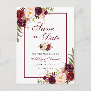 Elegantes burgunderrotes florales Save The Date Ankündigungspostkarte