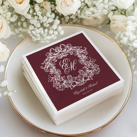 Elegantes burgunderrotes Monogrammwappen-Skript Ho Serviette