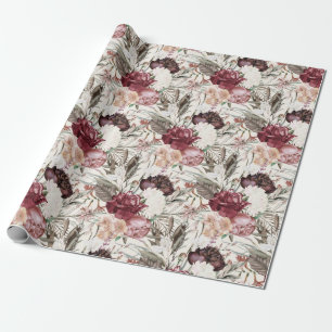 Elegantes burgunderrotes Wein-Crem-Blumen-Grün Geschenkpapier