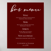 Elegantes Burgundy Abend Wedding Bar Menu Poster (Vorne)
