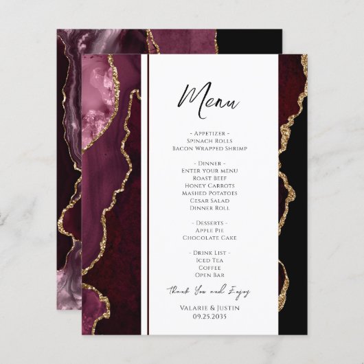 Elegantes Burgundy Agate Event Menu (Vorne/Hinten)