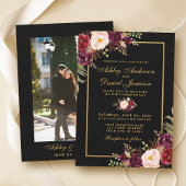 Elegantes Burgundy Bloral Black Gold Foto Hochzeit Einladung