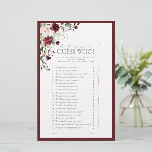 Elegantes Burgundy Blush Brautparty Game (Stehend Vorderseite)