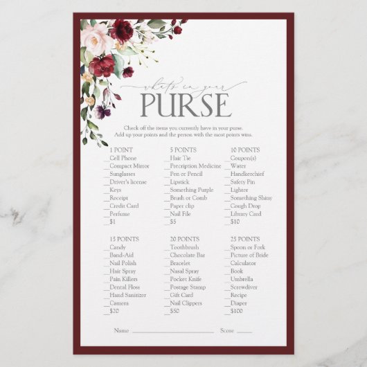 Elegantes Burgundy Blush Brautparty Game (Vorderseite)