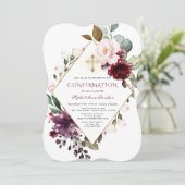Elegantes Burgundy Blush Floral Cross Bestätigung Einladung (Stehend Vorderseite)