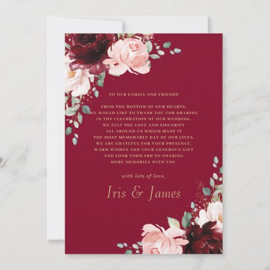 Elegantes Burgundy Blush Foto Hochzeit Dankeskarte (Rückseite)