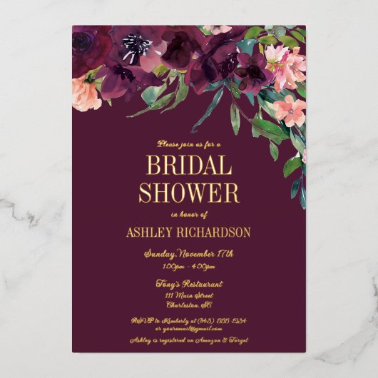 Elegantes Burgundy Blush Pink Floral Brautparty Folieneinladung (Vorderseite)