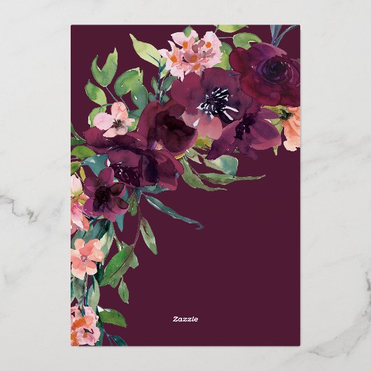 Elegantes Burgundy Blush Pink Floral Brautparty Folieneinladung (Rückseite)
