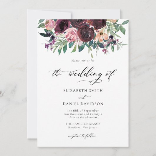 Elegantes Burgundy Blush QR Code Foto Hochzeit Einladung (Vorderseite)